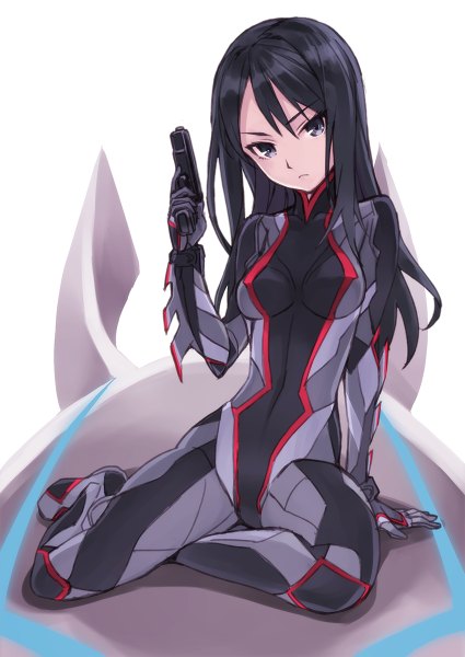 Anime picture 850x1200 with to aru majutsu no index j.c. staff shoutaura sequenzia matsuryuu single long hair tall image looking at viewer black hair sitting grey eyes girl weapon gun bodysuit pistol