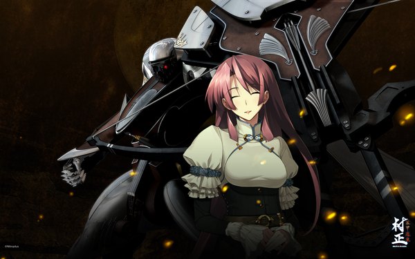 Anime picture 1920x1200 with full metal daemon muramasa nitroplus highres wide image pink hair eyes closed girl bow (weapon) mecha