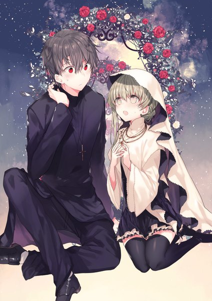 Anime picture 600x850 with shiro seijo to kuro bokushi cecilia (shiro seijo to kuro bokushi) lawrence (shiro seijo to kuro bokushi) teigi long hair tall image blush fringe short hair open mouth black hair hair between eyes red eyes sitting green eyes looking away full body bent knee (knees) pleated skirt green hair
