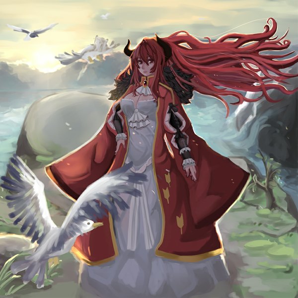 Anime picture 1000x1000 with maoyuu maou yuusha arms corporation maou (maoyuu) single long hair looking at viewer red eyes red hair horn (horns) evening sunset girl dress animal bird (birds)