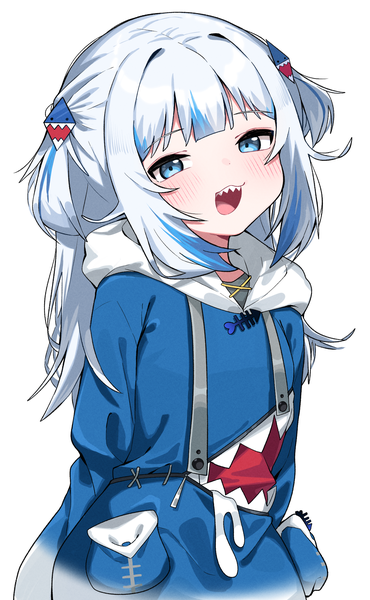 Anime picture 1500x2433 with virtual youtuber hololive hololive english gawr gura gawr gura (1st costume) tosyeo single long hair tall image looking at viewer blush fringe blue eyes simple background smile standing white background silver hair blunt bangs multicolored hair