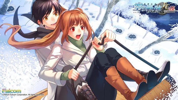 Anime picture 1920x1080 with eiyuu densetsu falcom (studio) estelle bright joshua astray long hair highres short hair open mouth black hair smile red eyes brown hair wide image twintails brown eyes wind scan copyright name winter snow