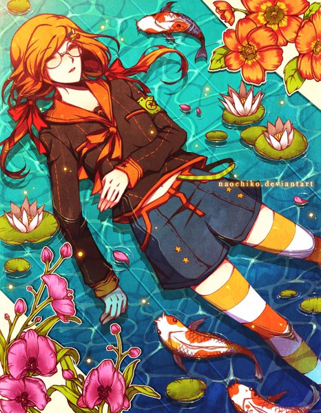 Anime picture 630x810 with original naochiko (naomicoco) single long hair tall image open mouth twintails lying eyes closed long sleeves orange hair partially submerged low twintails afloat girl flower (flowers) animal petals pantyhose water