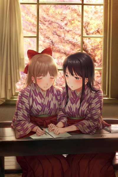 Anime picture 1929x2894 with original asaba0327 long hair tall image blush highres black hair brown hair sitting multiple girls brown eyes looking away eyes closed traditional clothes japanese clothes yagasuri meiji schoolgirl uniform girl bow 2 girls