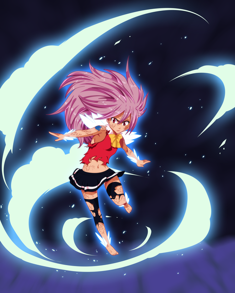 Anime picture 2000x2481 with fairy tail wendy marvell advance996 single long hair tall image highres red eyes pink hair pleated skirt midriff loli tattoo coloring torn clothes magic girl thighhighs skirt navel