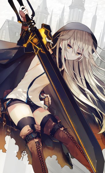 Anime picture 650x1064 with original teigi single long hair tall image looking at viewer fringe blonde hair hair between eyes holding yellow eyes zettai ryouiki girl thighhighs gloves weapon black thighhighs sword shorts boots