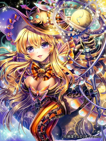 Anime picture 700x933 with junketsu duelion ells (ellsat) long hair tall image blush fringe breasts open mouth blue eyes blonde hair smile hair between eyes large breasts purple eyes lips light girl thighhighs gloves hat