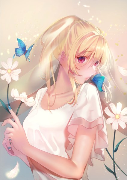 Anime picture 1042x1474 with original inushima single long hair tall image looking at viewer blush fringe simple background blonde hair hair between eyes red eyes holding payot upper body ponytail nail polish parted lips head tilt profile