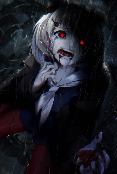 Anime picture 1000x1488 with arknights gummy (arknights) dingding tu single tall image short hair open mouth blonde hair red eyes sitting animal ears from above night teeth tears glowing wariza rain glowing eye (eyes) crying