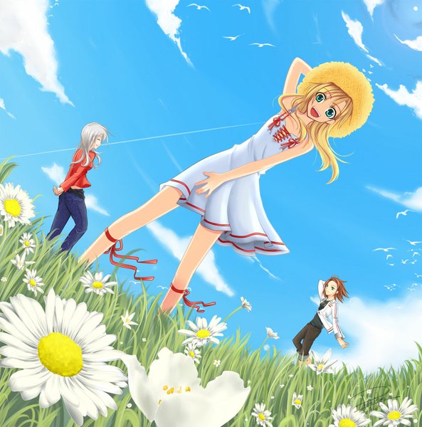 Anime picture 1000x1012 with original nequioze (artist) long hair tall image open mouth blue eyes blonde hair brown hair multiple girls green eyes signed sky cloud (clouds) eyes closed grey hair open clothes open jacket hands behind back girl dress