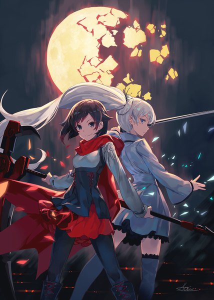 Anime picture 645x905 with rwby rooster teeth ruby rose weiss schnee ac (eshi) long hair tall image looking at viewer fringe short hair blue eyes black hair smile hair between eyes standing multiple girls holding signed white hair ponytail