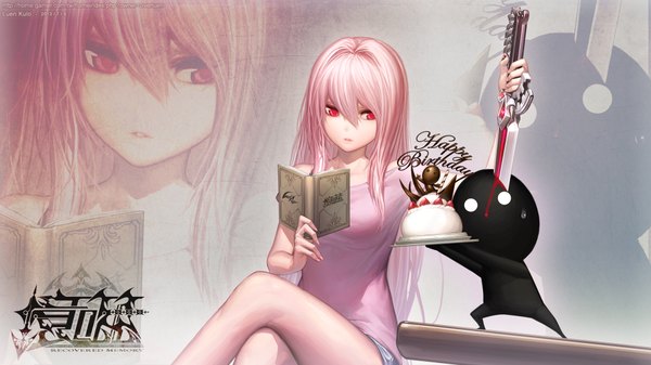 Anime picture 1920x1080 with original luen kulo long hair highres red eyes wide image standing sitting pink hair wallpaper zoom layer happy birthday o o girl weapon food sweets book (books) blood berry (berries)