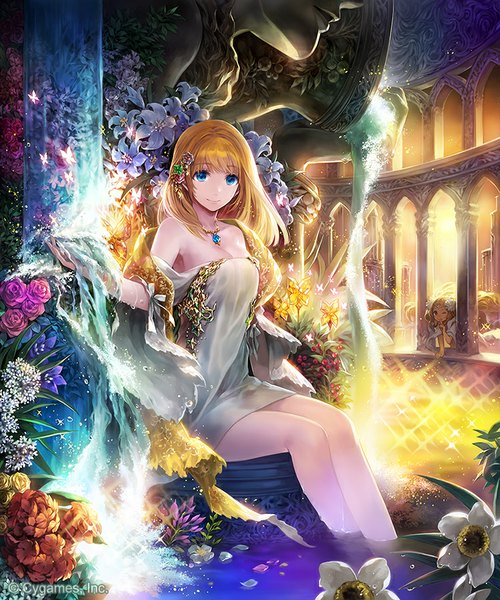 Anime picture 750x900 with shingeki no bahamut hakou (barasensou) long hair tall image looking at viewer fringe breasts blue eyes blonde hair smile brown hair sitting bare shoulders multiple girls one eye closed wink arm support legs arched back girl