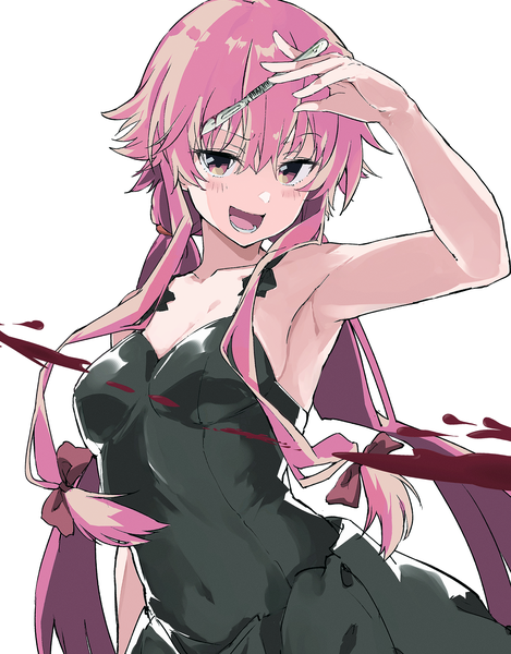 Anime picture 2769x3541 with mirai nikki gasai yuno rauto single long hair tall image looking at viewer fringe highres open mouth simple background hair between eyes white background twintails pink hair :d pink eyes armpit (armpits) sleeveless low twintails