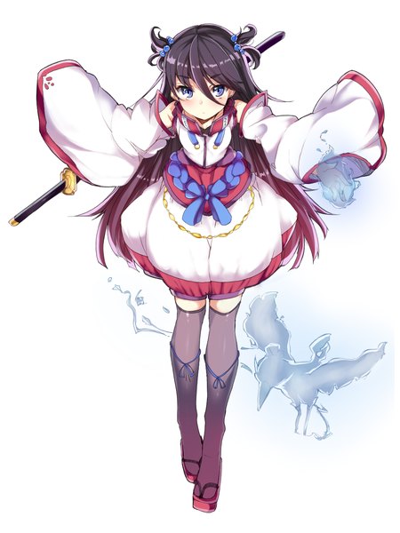 Anime picture 1036x1382 with original haruyuki (yukichasoba) single long hair tall image looking at viewer blush blue eyes simple background brown hair white background wide sleeves ghost girl dress hair ornament weapon detached sleeves sword katana