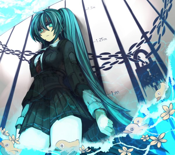 Anime picture 2400x2129 with vocaloid hatsune miku ukai saki single highres twintails very long hair aqua eyes aqua hair girl skirt flower (flowers) water chain duck