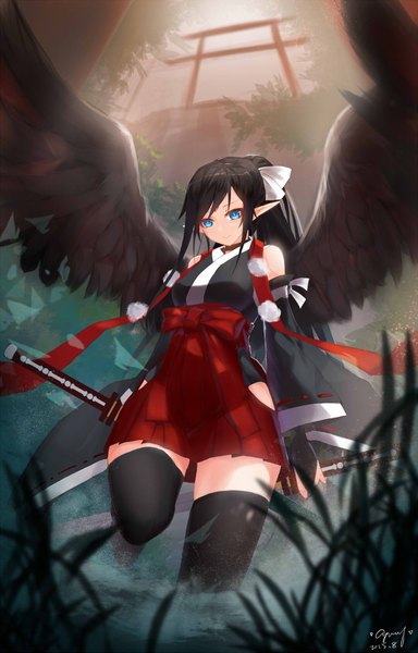 Anime picture 1080x1685 with original caang yue xue feeng single long hair tall image breasts blue eyes black hair smile standing signed ponytail wide sleeves zettai ryouiki looking down standing on one leg black wings girl thighhighs ribbon (ribbons)