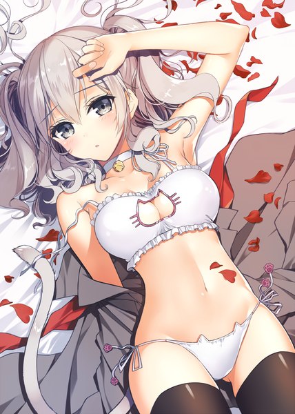 Anime picture 1000x1400 with kantai collection kashima training cruiser necomi (gussan) single long hair tall image looking at viewer blush breasts blue eyes light erotic silver hair tail animal tail cat tail underwear only groin remodel (kantai collection) girl thighhighs