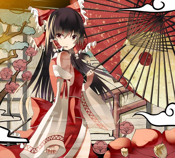 Anime picture 914x823 with touhou hakurei reimu kureha (ironika) single long hair fringe black hair hair between eyes red eyes bare shoulders looking away traditional clothes japanese clothes miko egasumi girl flower (flowers) bow hair bow detached sleeves