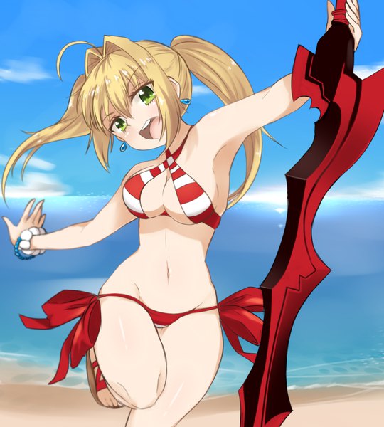 Anime-Bild 900x1000 mit fate (series) fate/grand order nero claudius (fate) nero claudius (swimsuit caster) (fate) s1145 single long hair tall image blush fringe breasts open mouth light erotic blonde hair smile hair between eyes standing twintails bare shoulders holding