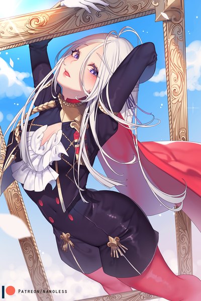 Anime picture 700x1050 with fire emblem fire emblem: three houses nintendo edelgard von hresvelg nanoless single long hair tall image looking at viewer blush fringe breasts open mouth hair between eyes purple eyes sky cleavage cloud (clouds) outdoors white hair