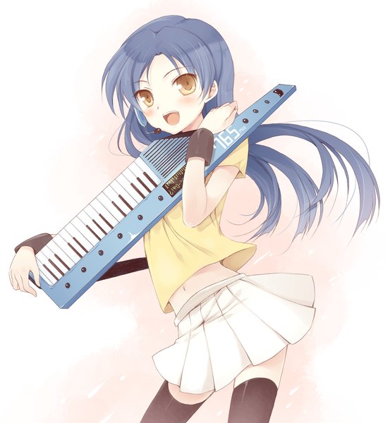 Anime picture 922x1000 with idolmaster kisaragi chihaya komi zumiko single long hair tall image looking at viewer blush open mouth brown eyes blue hair girl thighhighs skirt black thighhighs musical instrument keyboard (instrument) keytar