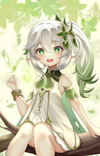 Anime picture 1775x2765 with genshin impact nahida (genshin impact) crystalfly (genshin impact) kenomotsu yukuwa single long hair tall image fringe highres open mouth hair between eyes sitting green eyes silver hair :d pointy ears side ponytail symbol-shaped pupils girl dress
