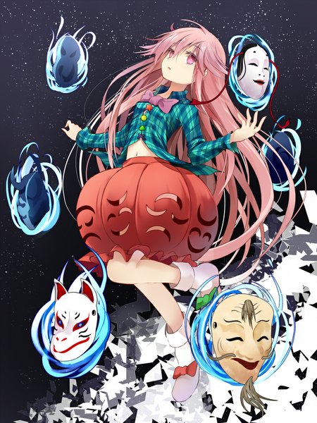 Anime picture 750x1000 with touhou hata no kokoro efe single long hair tall image open mouth looking away pink hair pink eyes girl skirt boots mask fox mask