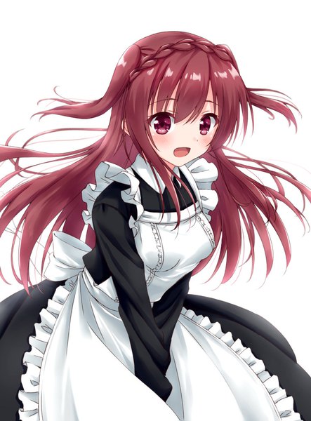 Anime picture 759x1027 with original hoshino kagari single long hair tall image looking at viewer blush open mouth red eyes white background red hair braid (braids) :d maid two side up crown braid girl uniform apron