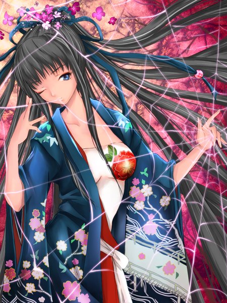 Anime picture 1200x1600 with sengoku taisen potato (pixiv922887) single tall image fringe breasts blue eyes black hair very long hair traditional clothes japanese clothes one eye closed wink no bra cherry blossoms bodypaint hair ornament flower (flowers) ribbon (ribbons) plant (plants)