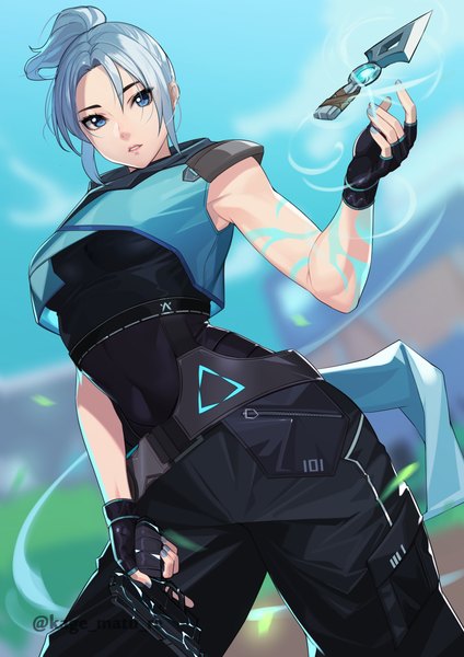 Anime picture 1736x2456 with valorant jett (valorant) kagematsuri single tall image looking at viewer fringe highres short hair blue eyes hair between eyes standing holding signed payot silver hair ponytail nail polish parted lips sleeveless