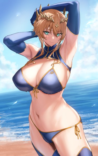 Anime picture 1896x3010 with fate (series) fate/grand order artoria pendragon (all) artoria pendragon (lancer) ulrich (tagaragakuin) single tall image looking at viewer blush fringe highres short hair breasts light erotic blonde hair smile hair between eyes standing payot sky