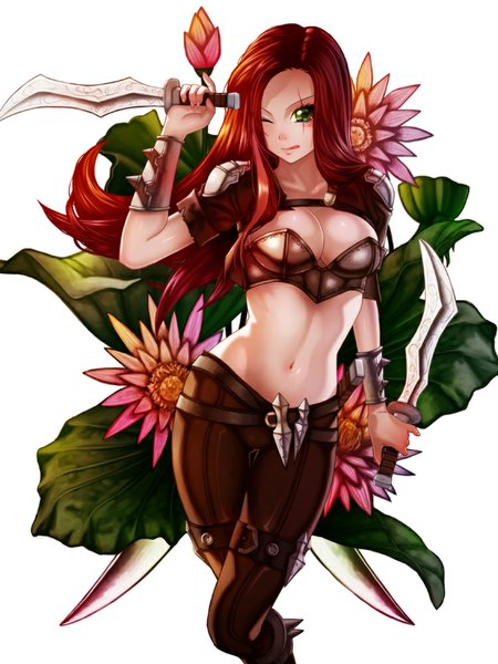Anime picture 750x1000 with league of legends katarina (league of legends) waterring single long hair tall image light erotic simple background white background green eyes red hair one eye closed wink midriff scar girl navel weapon bracelet tongue