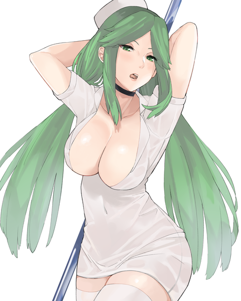 Anime picture 4000x5000 with kid icarus nintendo palutena j@ck single long hair tall image looking at viewer blush fringe highres breasts open mouth light erotic simple background large breasts standing white background holding green eyes
