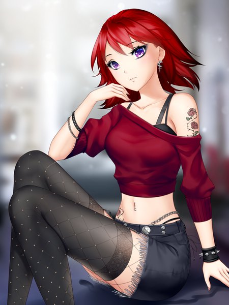 Anime picture 2250x3000 with original gigamessy single tall image looking at viewer blush fringe highres short hair breasts sitting purple eyes red hair fingernails off shoulder midriff tattoo depth of field piercing navel piercing
