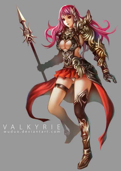 Anime picture 848x1200 with original wuduo single long hair tall image looking at viewer open mouth light erotic pink hair inscription midriff orange eyes valkyrie girl gloves underwear panties weapon armor spear