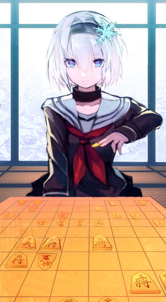 Anime picture 1896x3441 with ryuuou no oshigoto! sora ginko tarbo (exxxpiation) single tall image looking at viewer fringe highres short hair blue eyes hair between eyes holding upper body white hair indoors hieroglyph girl uniform hair ornament choker