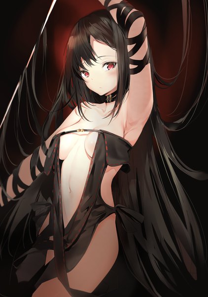 Anime picture 1900x2700 with fate (series) fate/grand order yu mei-ren (fate) silver (chenwen) single tall image looking at viewer blush fringe highres breasts light erotic black hair simple background red eyes standing bare shoulders payot very long hair arm up