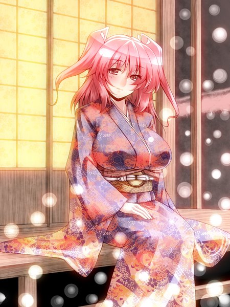 Anime picture 1200x1600 with touhou onozuka komachi tro single tall image blush short hair breasts large breasts sitting looking away pink hair japanese clothes pink eyes girl
