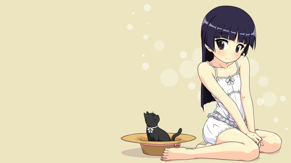 Anime picture 1920x1080 with ore no imouto ga konna ni kawaii wake ga nai gokou ruri k10k single long hair highres black hair simple background smile wide image barefoot black eyes third-party edit extended girl underwear hat cat