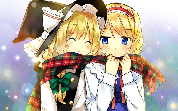 Anime picture 3840x2400 with touhou kirisame marisa alice margatroid long hair blush highres short hair blue eyes simple background blonde hair smile wide image multiple girls absurdres eyes closed shared scarf girl bow 2 girls hairband