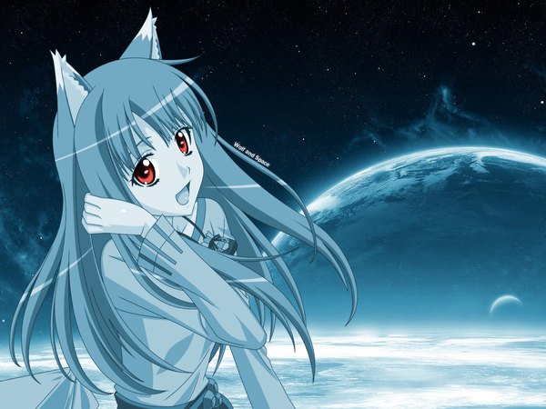 Anime picture 1600x1200 with spice and wolf horo long hair open mouth red eyes animal ears blue hair night sky wolf ears wolf girl girl star (stars) planet