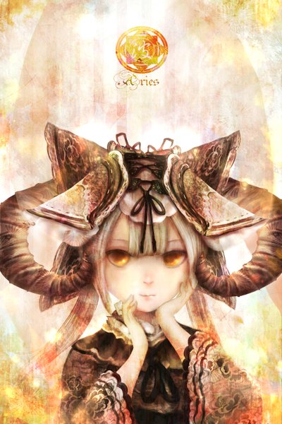 Anime picture 2000x3000 with original zhang xiao bo single long hair tall image looking at viewer highres white hair horn (horns) orange eyes zodiac aries (zodiac) girl dress bonnet
