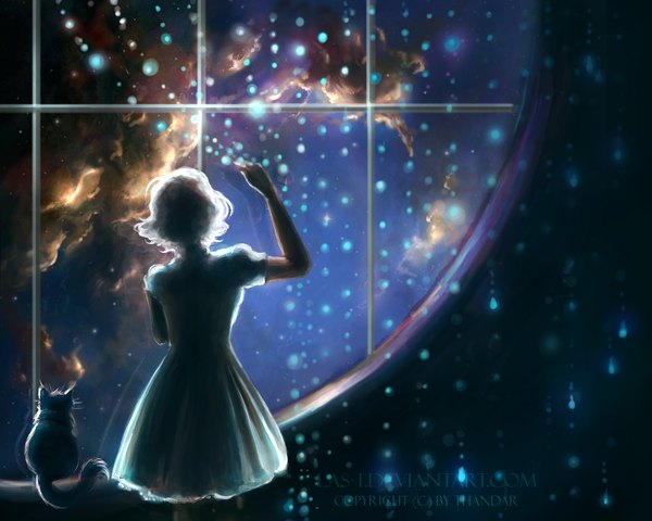 Anime picture 1000x800 with original las-t (artist) short hair standing sky cloud (clouds) white hair from behind short sleeves puffy sleeves back wavy hair girl dress animal window cat blue dress planet earth