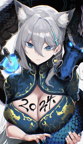 Anime picture 1625x2834 with blue archive shiroko (blue archive) shiroko terror (blue archive) kazane-wind single long hair tall image looking at viewer fringe breasts blue eyes light erotic hair between eyes large breasts animal ears cleavage silver hair nail polish traditional clothes chinese clothes