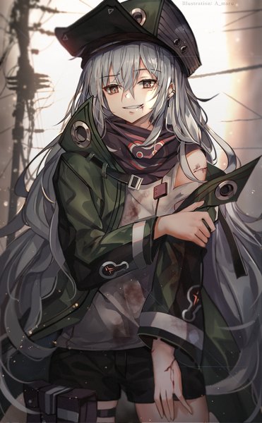 Anime picture 2000x3233 with girls frontline g11 (girls frontline) unity (ekvmsp02) single long hair tall image looking at viewer fringe highres smile hair between eyes standing holding brown eyes signed long sleeves parted lips grey hair off shoulder open jacket