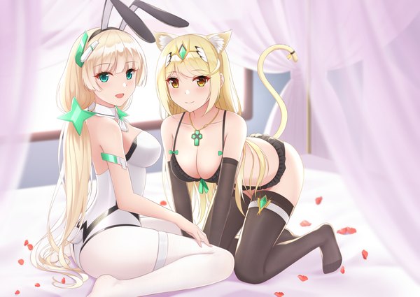 Anime picture 2826x2000 with expelled from paradise xenoblade xenoblade 2 mythra (xenoblade) angela balzac rko (a470350510) long hair looking at viewer blush highres breasts open mouth light erotic blonde hair smile large breasts sitting multiple girls green eyes animal ears