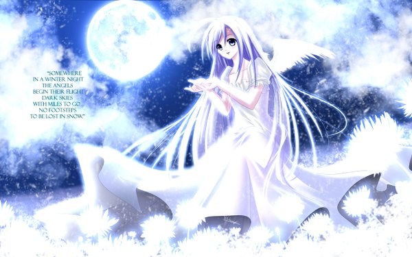 Anime picture 1280x800 with original myhilary single long hair blush open mouth blue eyes smile wide image purple hair inscription light angel wings girl dress flower (flowers) full moon