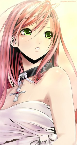 Anime picture 900x1699 with rosario+vampire akashiya moka happybeejrr single long hair tall image simple background bare shoulders green eyes looking away pink hair sleeveless light yellow background girl choker collar cross