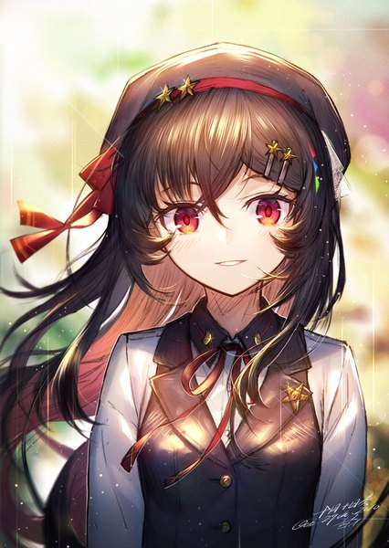 Anime picture 1062x1494 with original heiwari kanade single long hair tall image looking at viewer black hair red eyes light smile girl hair ornament hairclip beret
